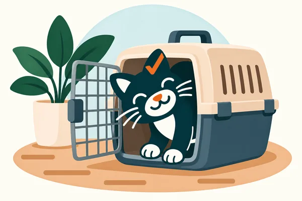 Un chat qui passe la tête hors d’une caisse de transport