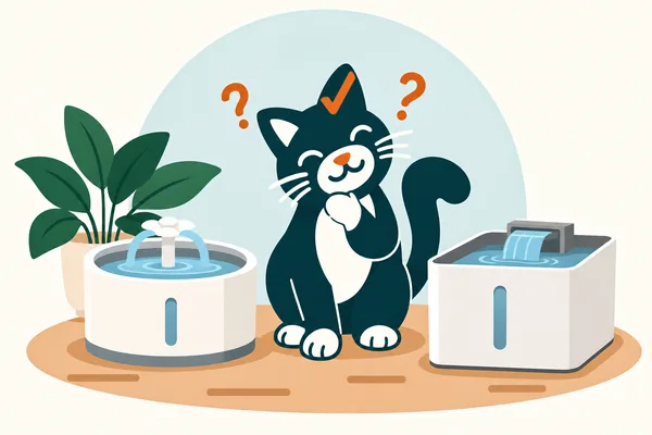 Un chat qui hésite entre deux fontaines à eau