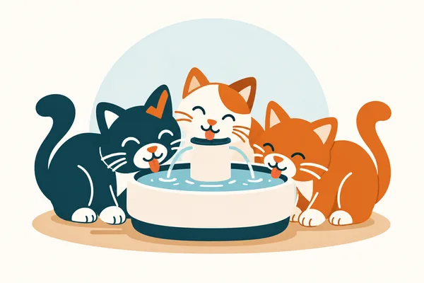 Trois chats qui boivent à une grande fontaine