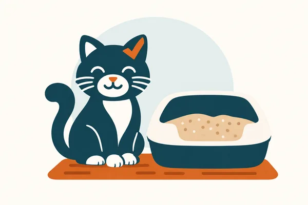 Le chat du site assis près d’un bac à litière