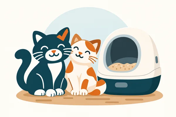 Deux chats assis devant une litière automatique