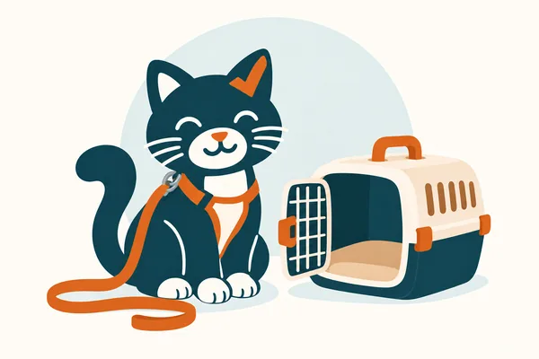 Le chat du site en harnais, près d’une caisse de transport